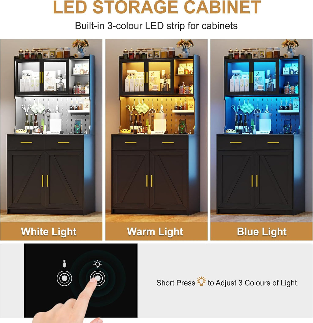 LED Kitchen Pantry Cabinet with Outlets, Farmhouse Storage Cabinet with Drawers & Adjustable Shelves, 64" Tall Cupboard with Pegboard & Hooks for Dining Room (Black)