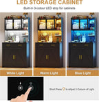 LED Kitchen Pantry Cabinet with Outlets, Farmhouse Storage Cabinet with Drawers & Adjustable Shelves, 64" Tall Cupboard with Pegboard & Hooks for Dining Room (Black)