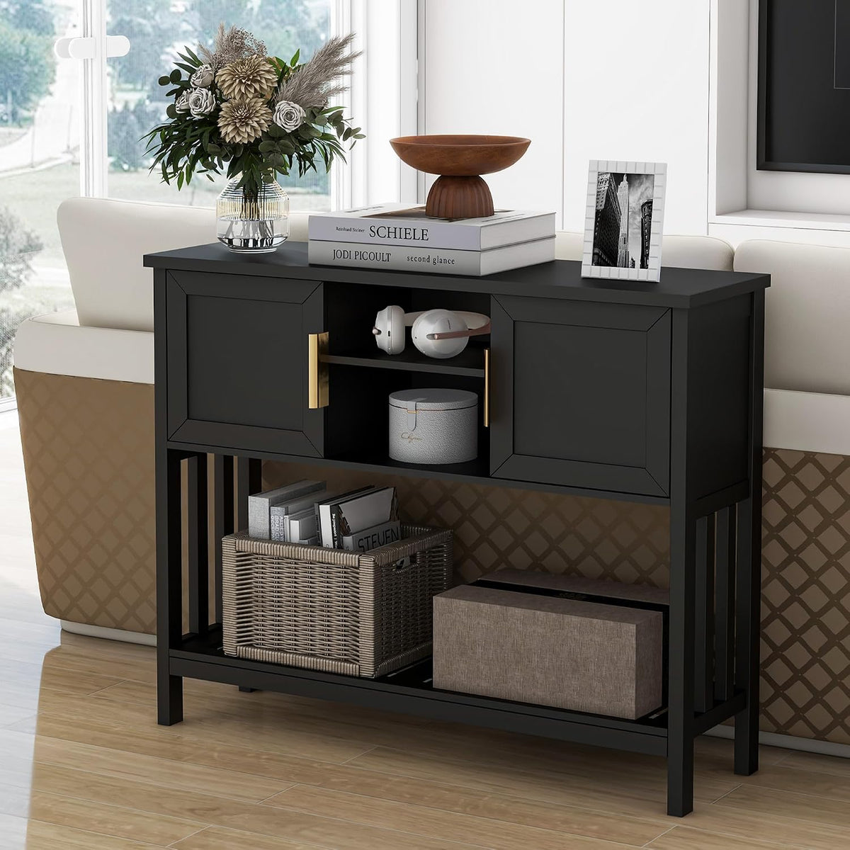 Entryway Table, Console Table, Sofa Table with 2-Door and Shelf, Black | Entryway Cabinet and Sideboard Cabinet with Large Storage Space for Daily Use in Hallway, Foyer, Living Room