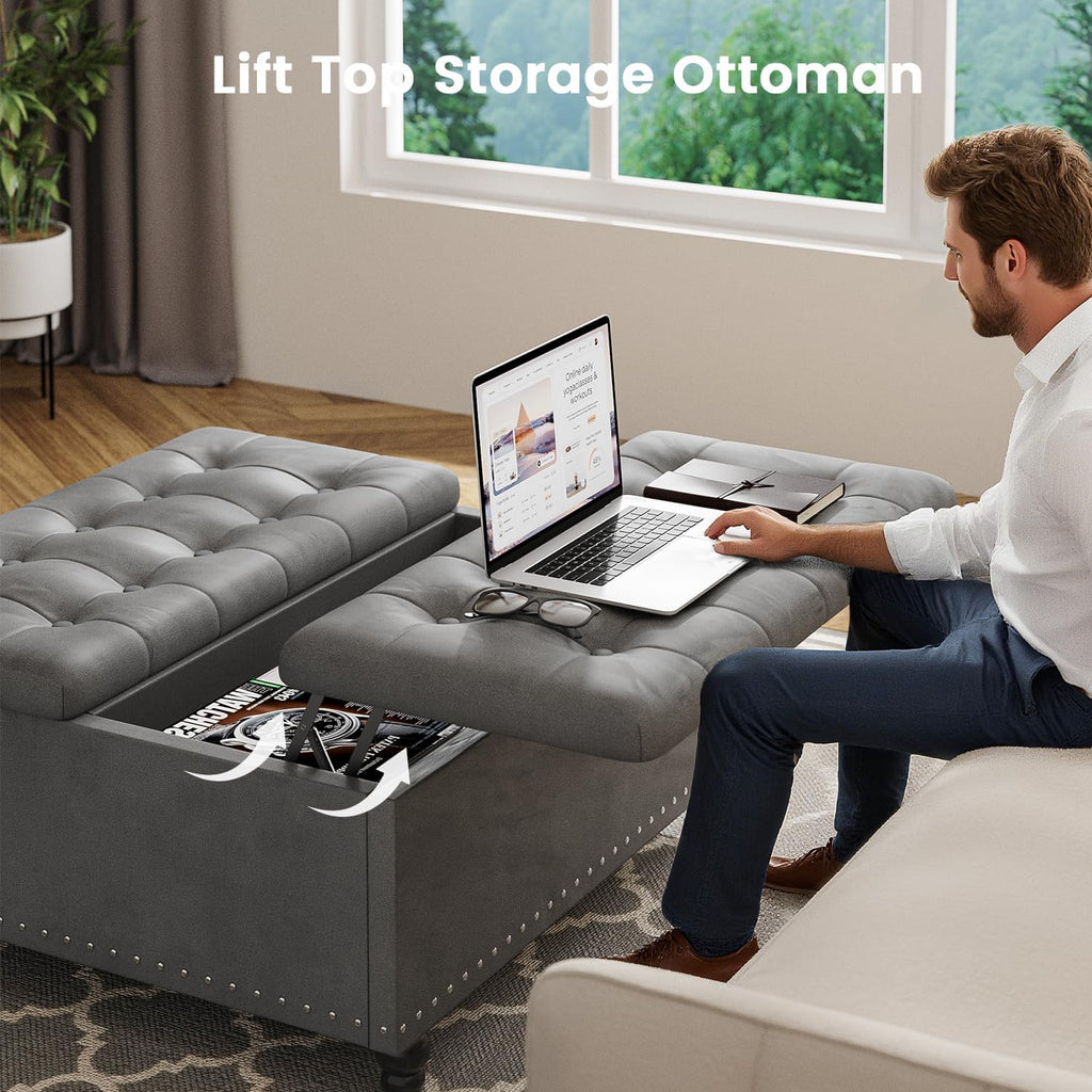 FUXA 35" Large Square Ottoman with Storage and Lift Top, Wood Legs, Gray | Oversized Coffee Table, Tufted Upholstered Bench, Sturdy Construction, for Living Room