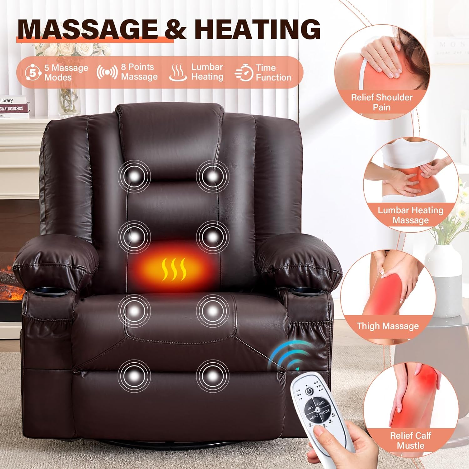 MAHOMICO Swivel Rocker Recliner Chair with Vibration Massage and Heat for Living Room,with Rocking Function and Side Pocket, PU Leather USB Charge Port,2 Cup Holders