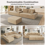 KCGKCG 106" Cloud Modular Sectional Couch with Ottoman, Modern U Shaped Corduroy Sofa, Higher 17.7" Seat Height, 32D Pure Foam, Built in Cup Holders, No Assembly Living Room(Camel, Left Facing Chaise)