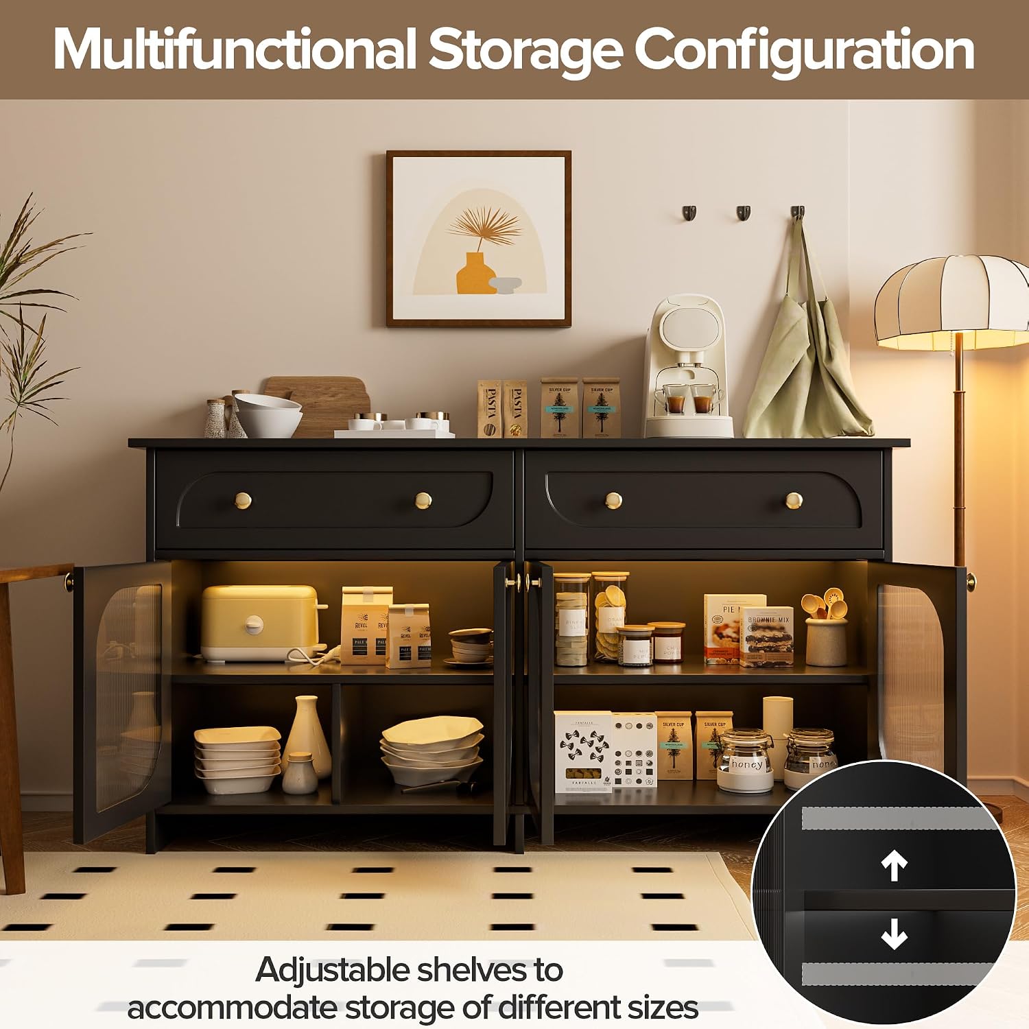 Buffet Cabinet with Storage and LED Light, 55” Sideboard Buffet Cabinet with 4 Glass Doors & 2 Drawers & Adjustable, Modern Credenza Coffee Bar Cabinets Buffets Table for Kitchen, Dining Room, Black