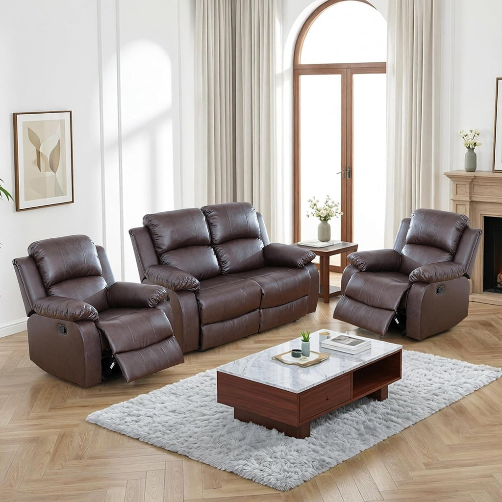 Faux Leather Manual Recliner Sofa Set, 3 Piece Living Room Furniture Set, Loveseat Reclining Couch and 2 Recliner Chairs for RV Home Theater (Brwon)