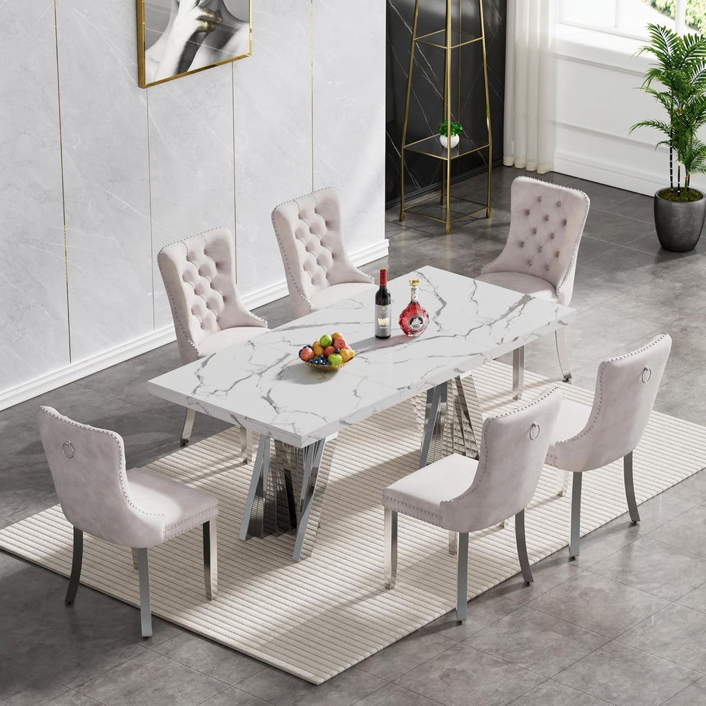 70" Faux Marble White Dining Table for 6, Modern Dining Room Table with 0.71" Marble Printing MDF Top and Flash-Shaped Silver Stainless Steel Base,Rectangular Large Kitchen Dinner Table