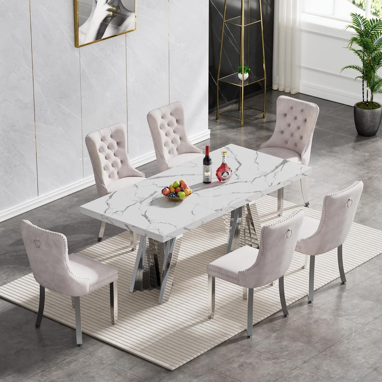70" Faux Marble White Dining Table for 6, Modern Dining Room Table with 0.71" Marble Printing MDF Top and Flash-Shaped Silver Stainless Steel Base,Rectangular Large Kitchen Dinner Table