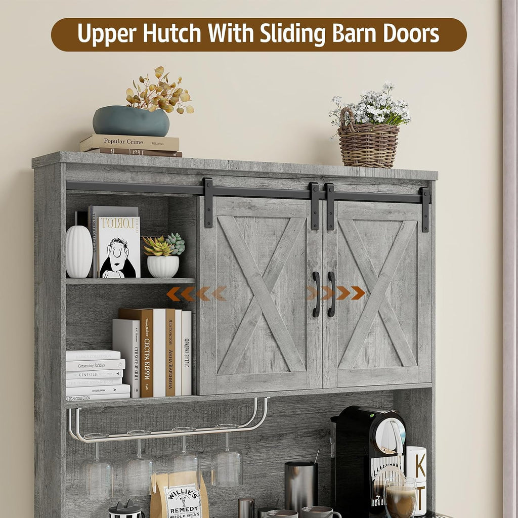 Vabches 67.7 Inch Farmhouse Pantry Storage Cabinet with Sliding Barn Doors, 2 Drawer Farmhouse Coffee Cabinet with Adjustable Shelf, Side Board with Buffet Cupboard for Kitchen, Livingroom.Gray