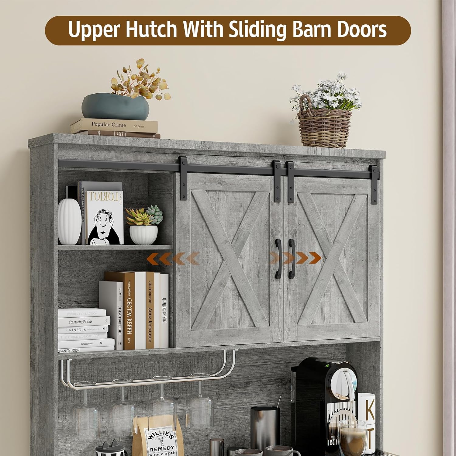 Vabches 67.7 Inch Farmhouse Pantry Storage Cabinet with Sliding Barn Doors, 2 Drawer Farmhouse Coffee Cabinet with Adjustable Shelf, Side Board with Buffet Cupboard for Kitchen, Livingroom.Gray
