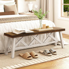 Wnutrees 54" Farmhouse Wood Bench, Rustic Solid Wood Entryway Bench Seat with Double X-Structure for Dining Area Living Room Hallway, Structural Stability, White