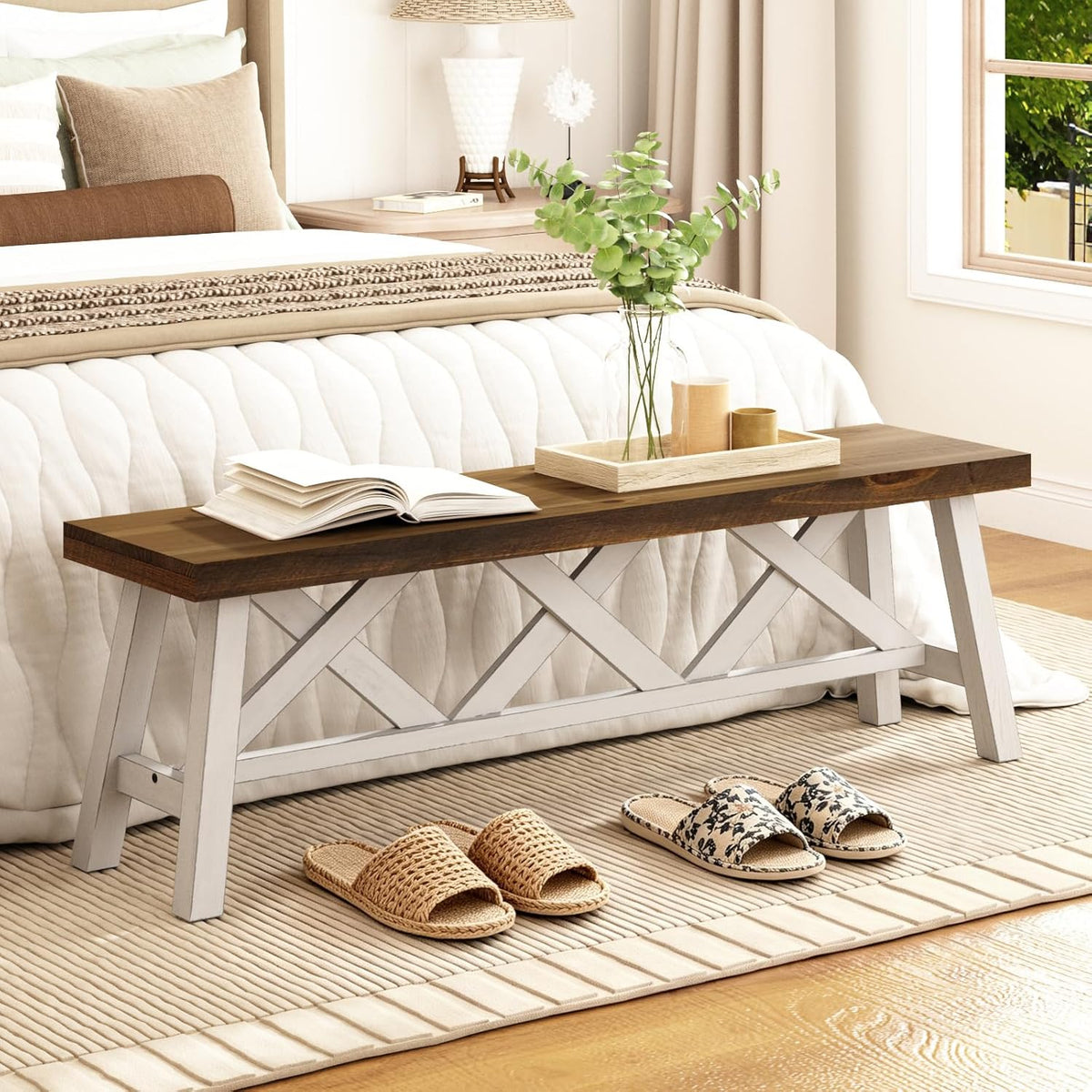 Wnutrees 54" Farmhouse Wood Bench, Rustic Solid Wood Entryway Bench Seat with Double X-Structure for Dining Area Living Room Hallway, Structural Stability, White