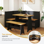Breakfast Nook Set 3-4 Seat L-Shaped with Hidden Storage - Space Saving Corner Kitchen Dining Table & Bench Set - Farmhouse Family Home Wood Black