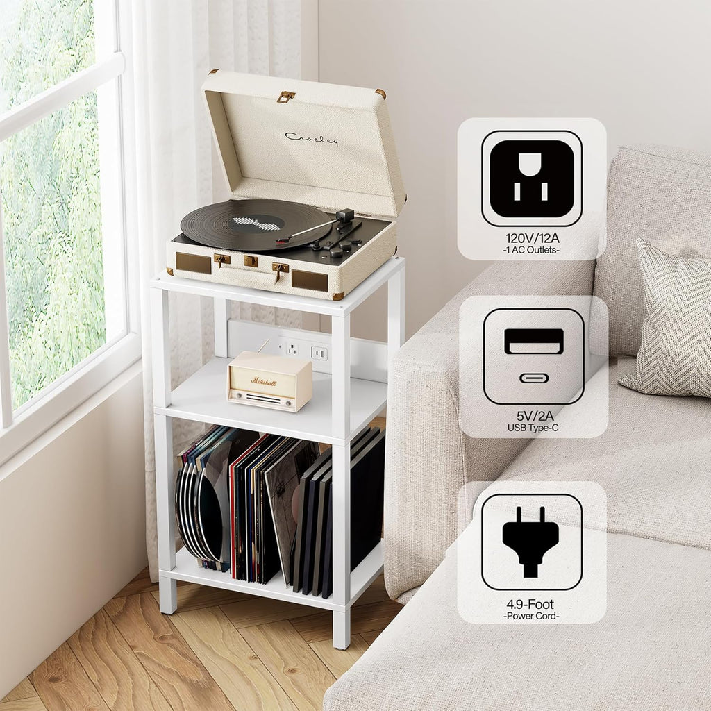 TUTOTAK Record Player Stand with Storage Up to 100 Albums | Record Storage Table, 3 Tier End Table with Charging Station, Side Table for Living Room, Bedroom, White TB01BW076