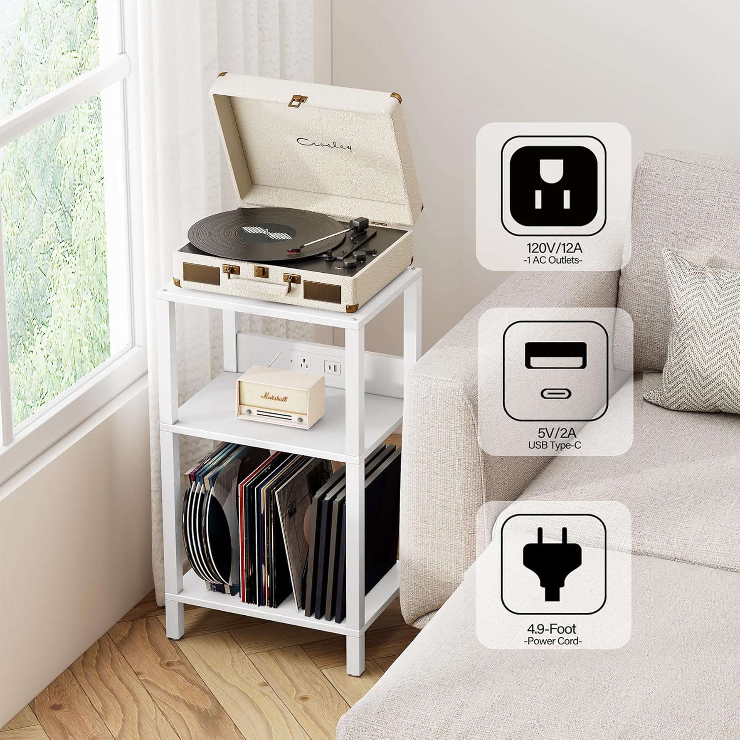 TUTOTAK Record Player Stand with Storage Up to 100 Albums | Record Storage Table, 3 Tier End Table with Charging Station, Side Table for Living Room, Bedroom, White TB01BW076