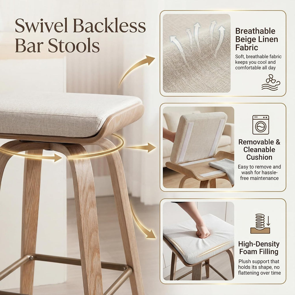 HNY 26" Swivel Bar Stools Set of 4, Backless Counter Height Bar Stools with Removable Linen Cushion, 360° Swivel Wooden Saddle Stools with Footrest for Kitchen Island, Home Bar & Small Spaces