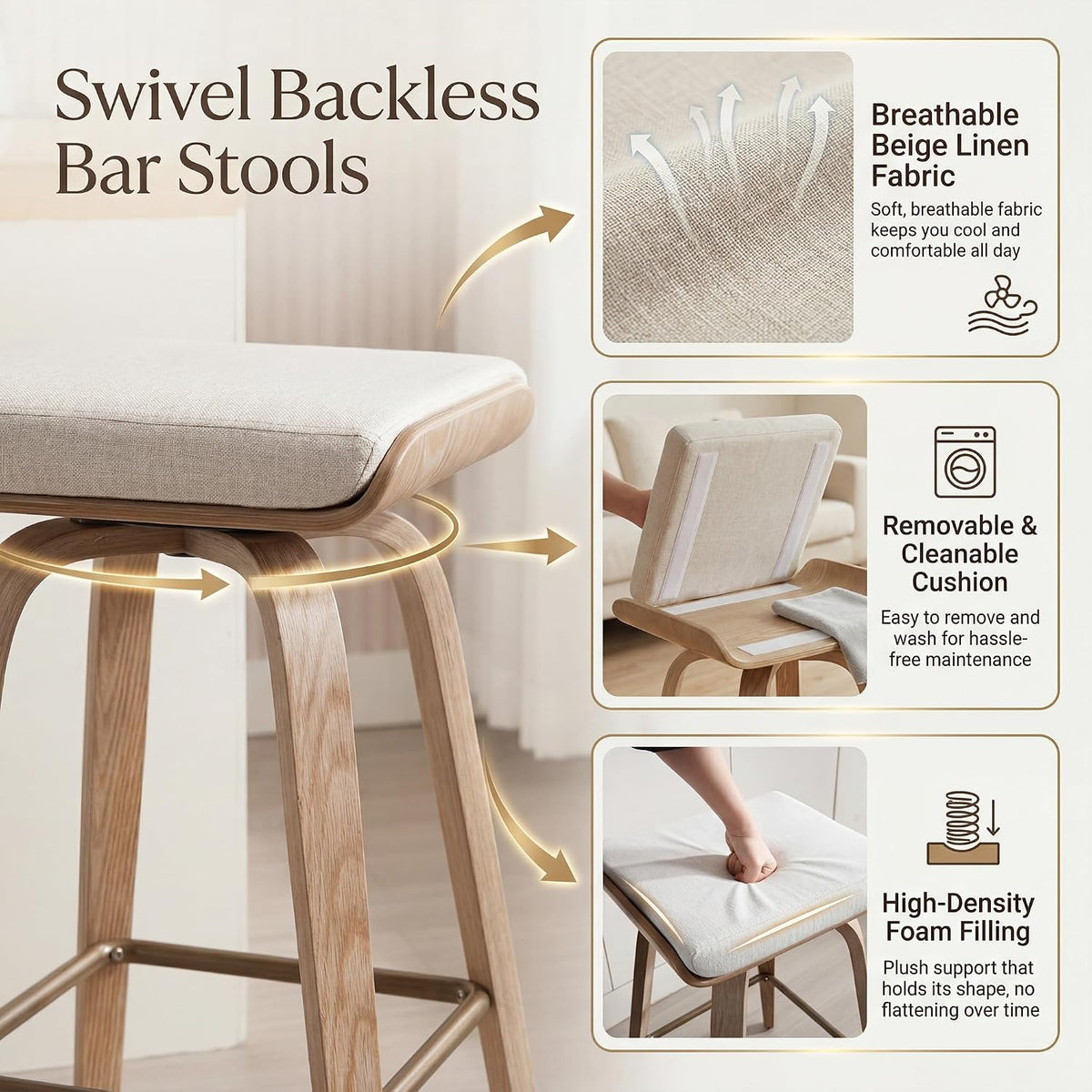 HNY 26" Swivel Bar Stools Set of 4, Backless Counter Height Bar Stools with Removable Linen Cushion, 360° Swivel Wooden Saddle Stools with Footrest for Kitchen Island, Home Bar & Small Spaces