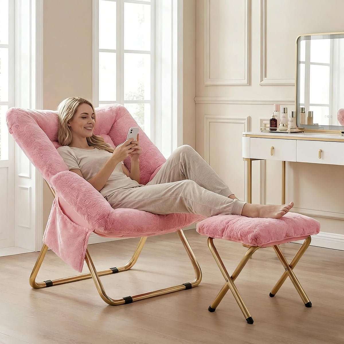 Comfy Saucer Chair for Adults, Foldable Living Room Chairs, Soft Faux Fur Lounge Chair for Bedroom, Reading Chairs, X-Large (Ottoman-Pink)
