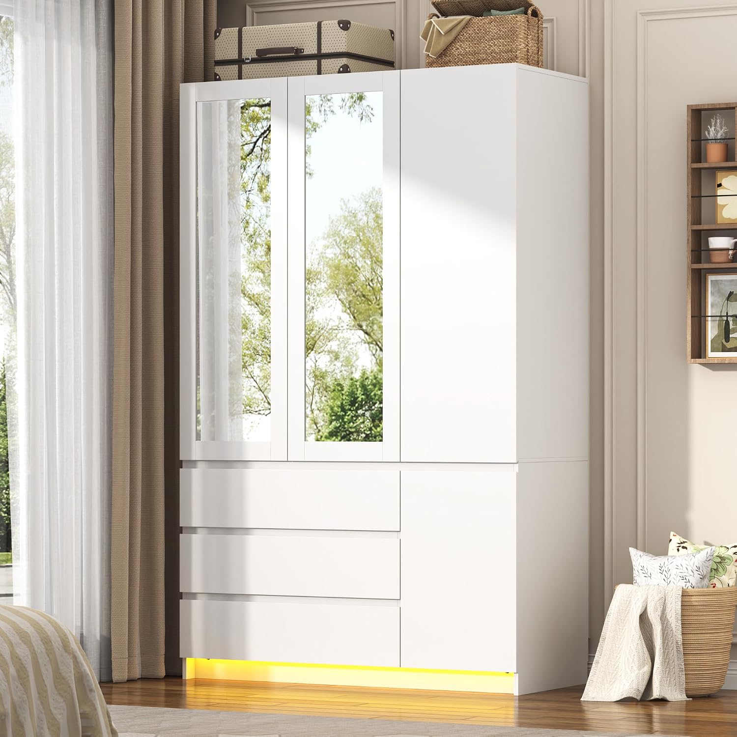 75"H Tall Modern 3 Doors Wooden Armoire Wardrobe Closet with 3 Drawers & 2 Mirror,Clothing Storage Cabinet with Hanging Rod,Bedroom Large Freestanding Armoires with Led Lights for Bedroom,White