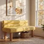 Christopher Knight Home Wally Fabric Upholstered Dining Bench, Long Dining Room Chair, Wooden Entryway Bench, Bedroom End of Bed Bench, Yellow+Natural