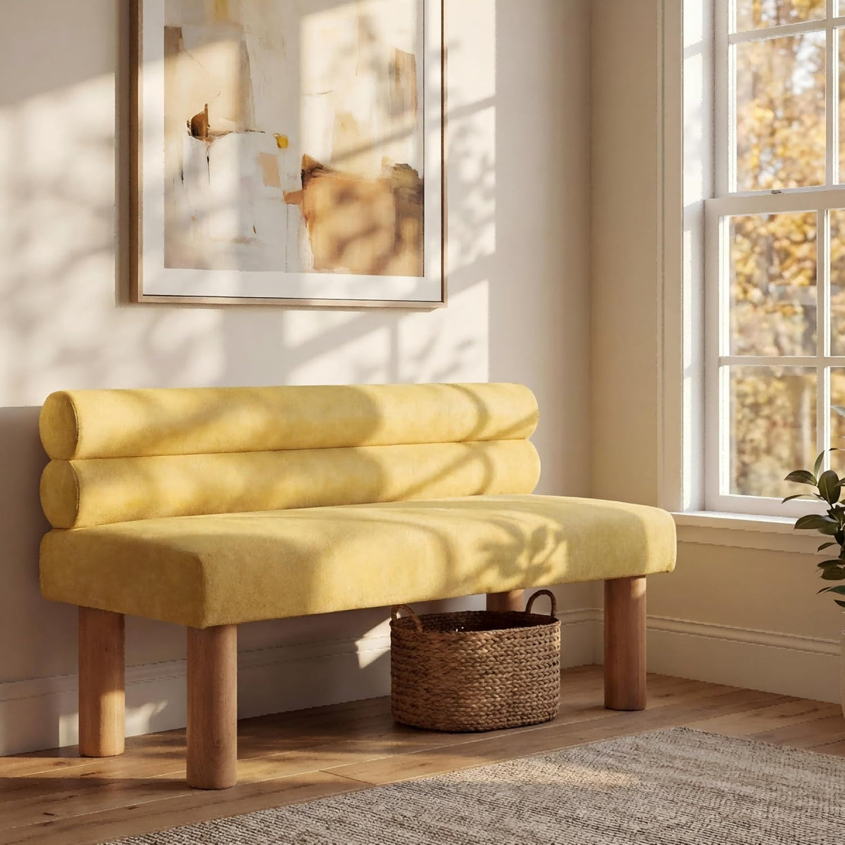 Christopher Knight Home Wally Fabric Upholstered Dining Bench, Long Dining Room Chair, Wooden Entryway Bench, Bedroom End of Bed Bench, Yellow+Natural
