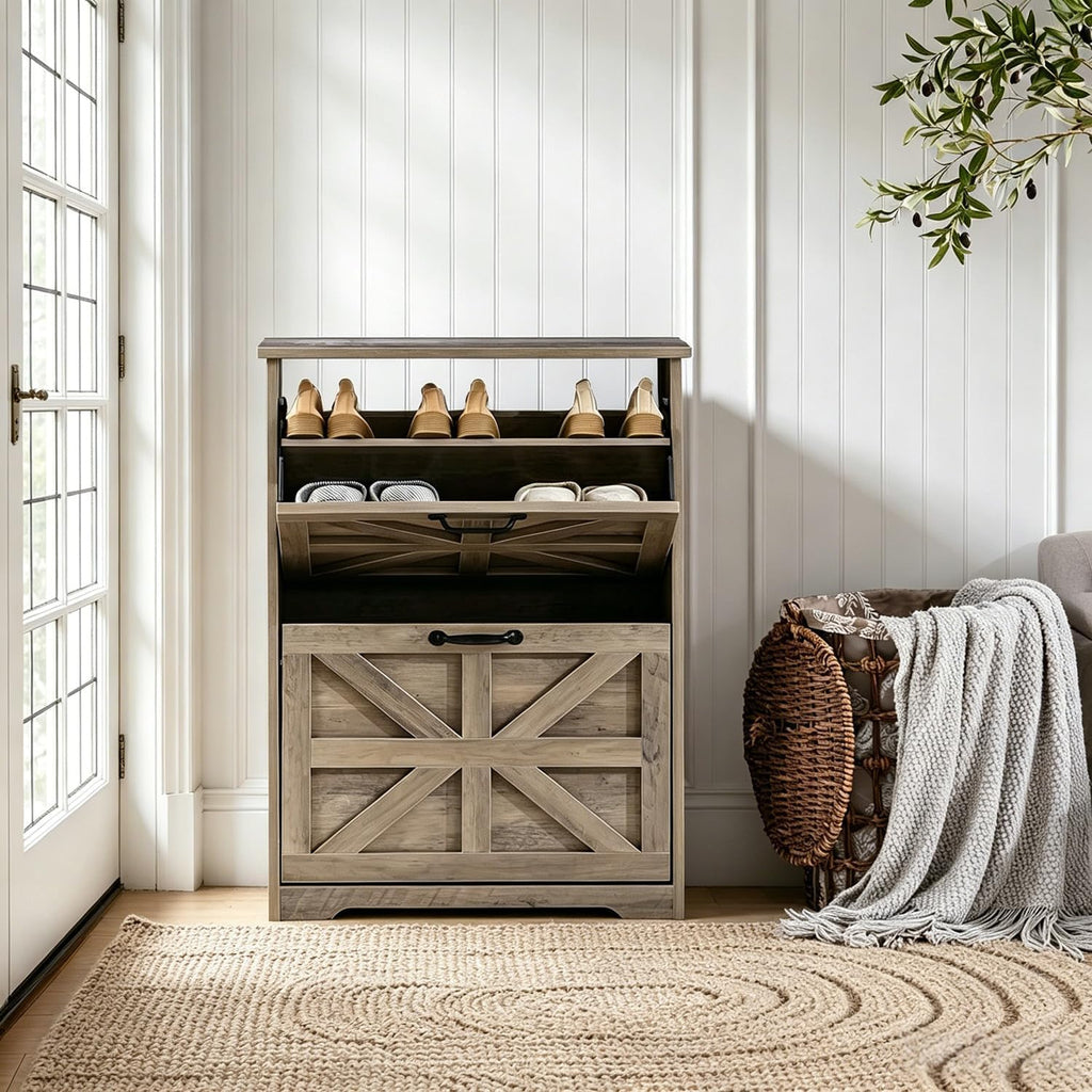 Shoe Cabinet with 2 Flip Drawers, Farmhouse Shoe Storage for Entryway, Wooden Shoe Organizer Cabinet with Adjustable Shelves, Hidden Slim Shoe Cabinet for Hallway, Living Room, Sierra