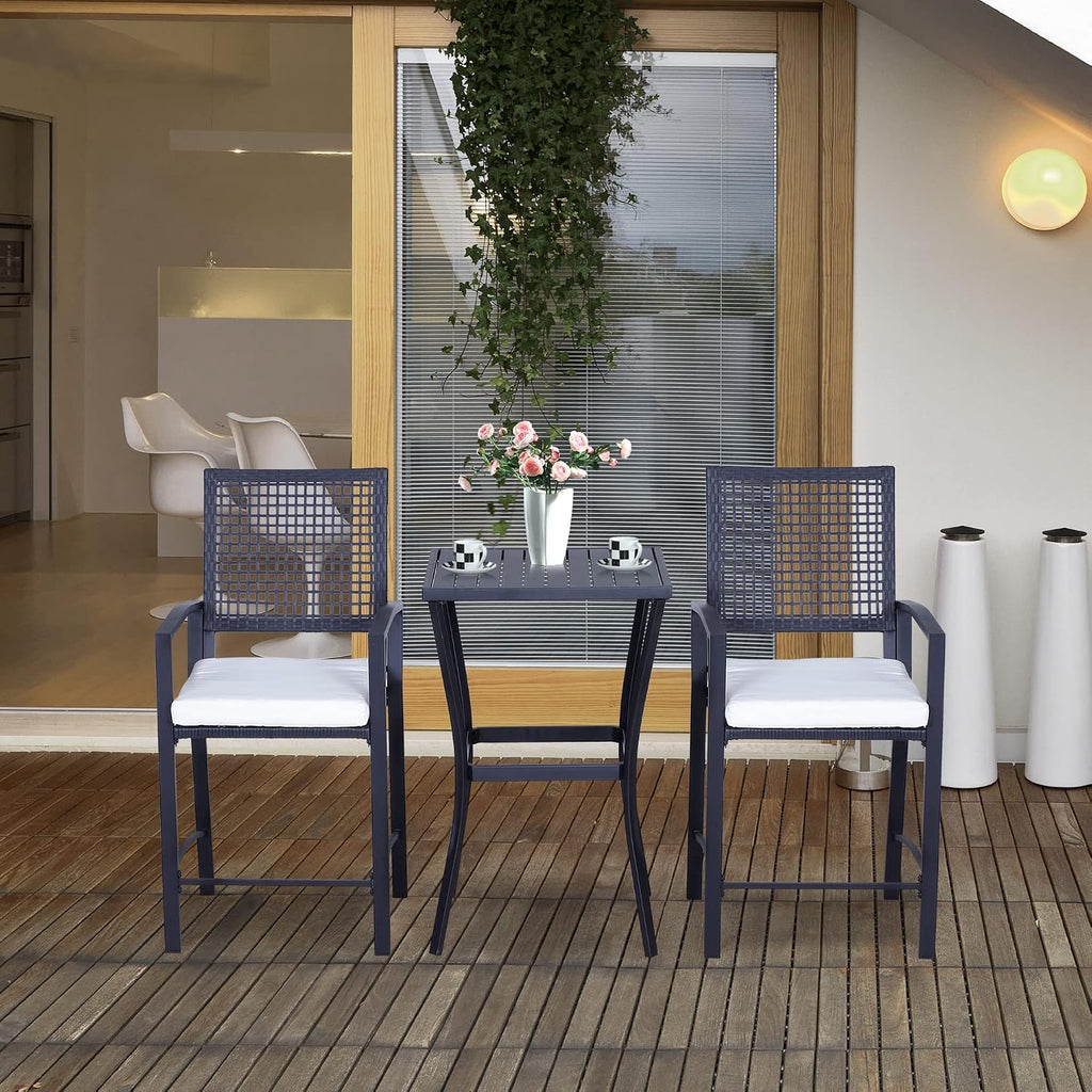 Patio Bar Set, 3 PCS Rattan Wicker Outdoor Furniture Set with Cushioned Stools and Table, Backyard Bistro Dining Set for Lawn Deck Poolside Porch Garden