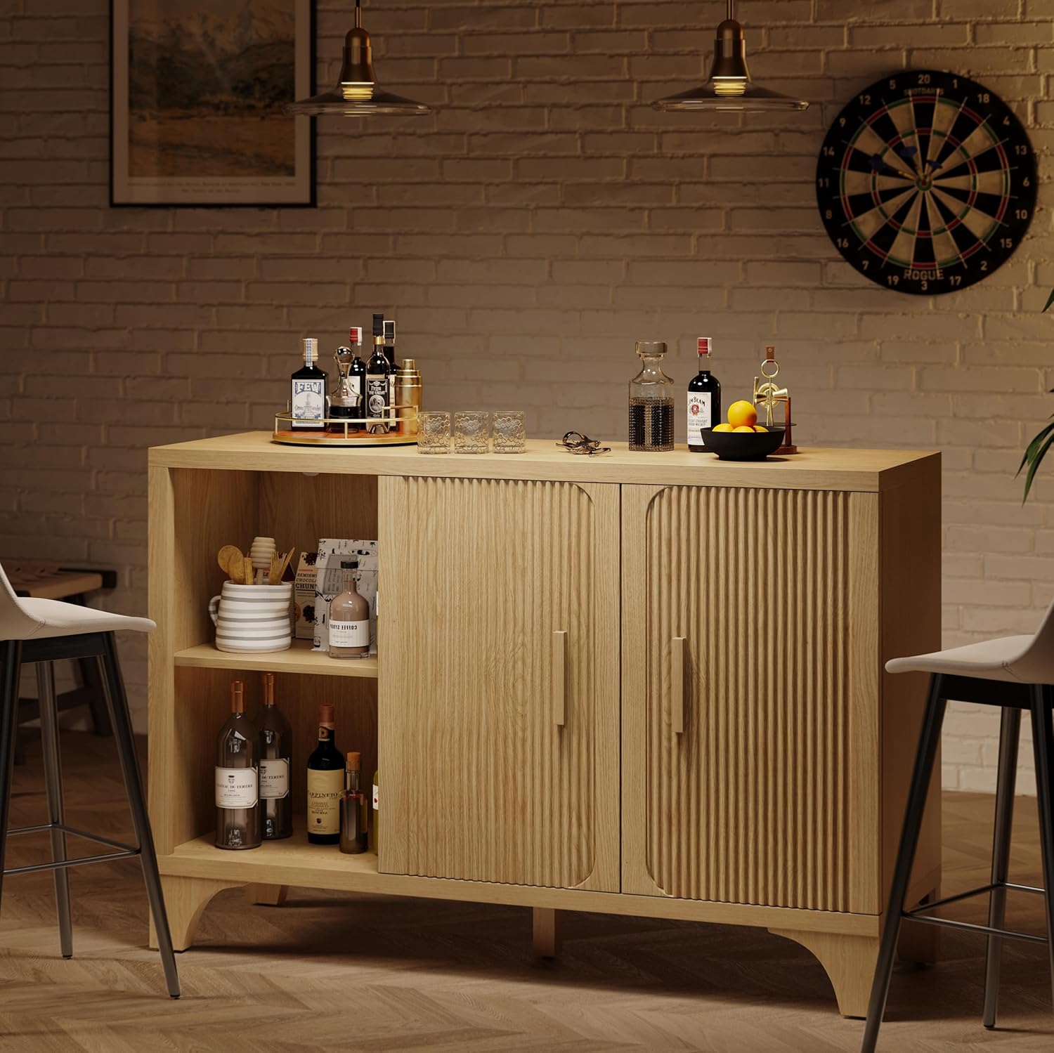 Mid Century Modern Fluted Buffet Cabinet with Storage, Accent Sideboard and Credenza Storage Cabinet with Doors, Wood Coffee Bar Console for Kitchen, Living Room (Oak, 47" 2-Door)