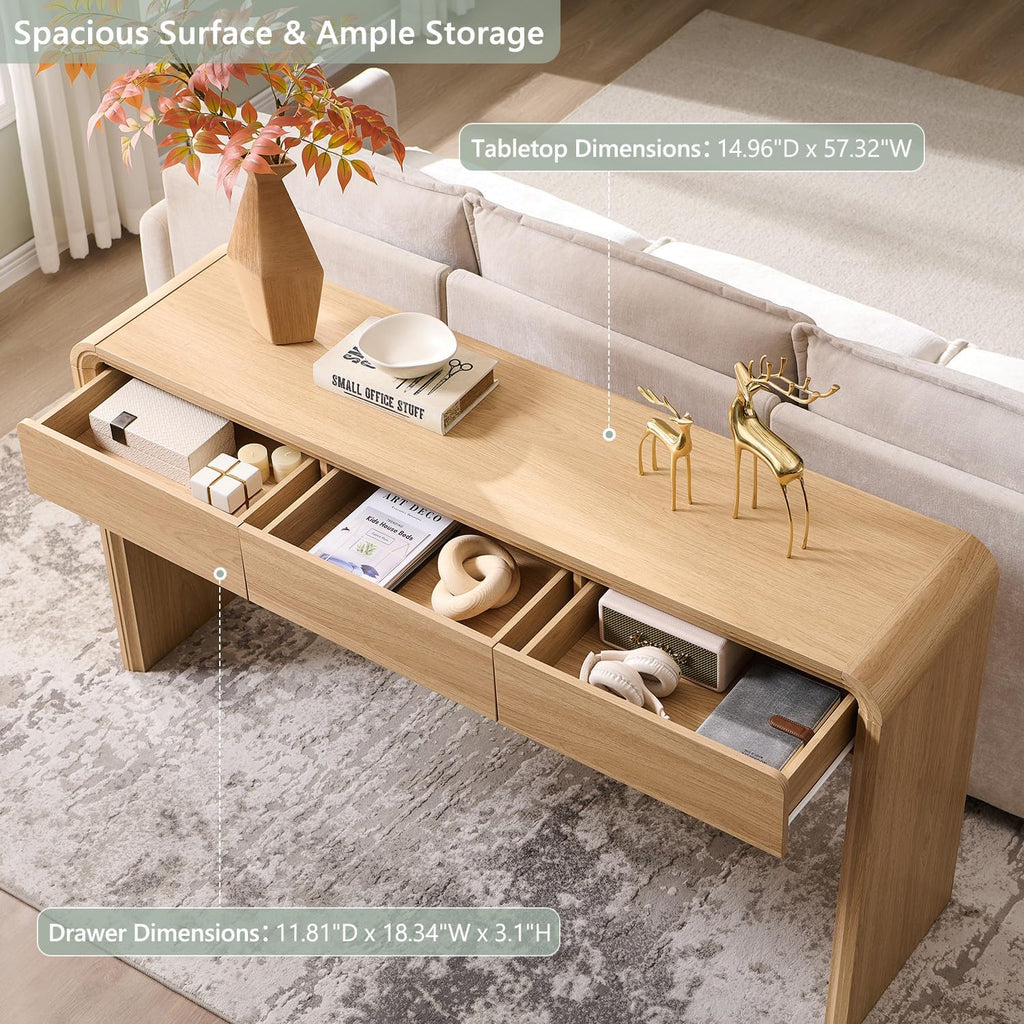 Aitjunz 63'' Console Table with 3 Drawers, Modern Entryway Table with Curved Profile Design, Narrow Long Wood Sofa Table Behind Couch Table for Living Room, Hallway, Foyer, Natural