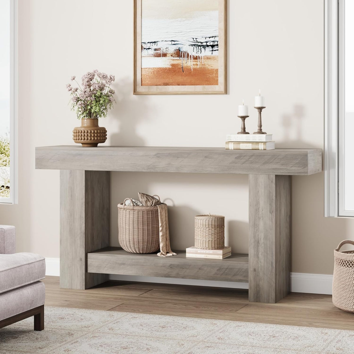 GarveeHome Entryway Console Table, Farmhouse 2-Tier Entryway Table, Long Sofa Accent Table Behind Couch Table with Open Storage for Entrance, Living Room, Hallway, Light Grey, 63"