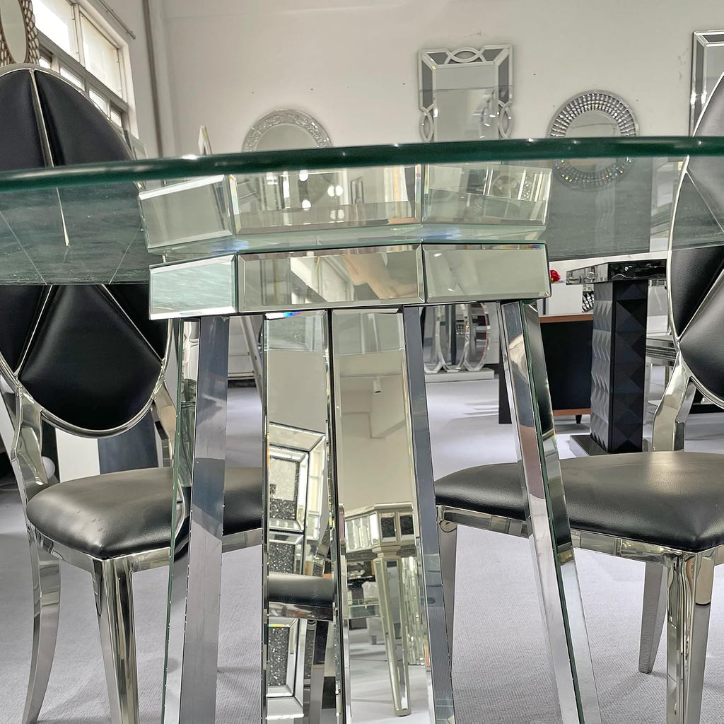 Henf Luxury Round Glass Dining Table for 4-6, Silver 47" Glass Kitchen Table with Mirrored Base, Modern Circle Dining Room Table (Table Only)