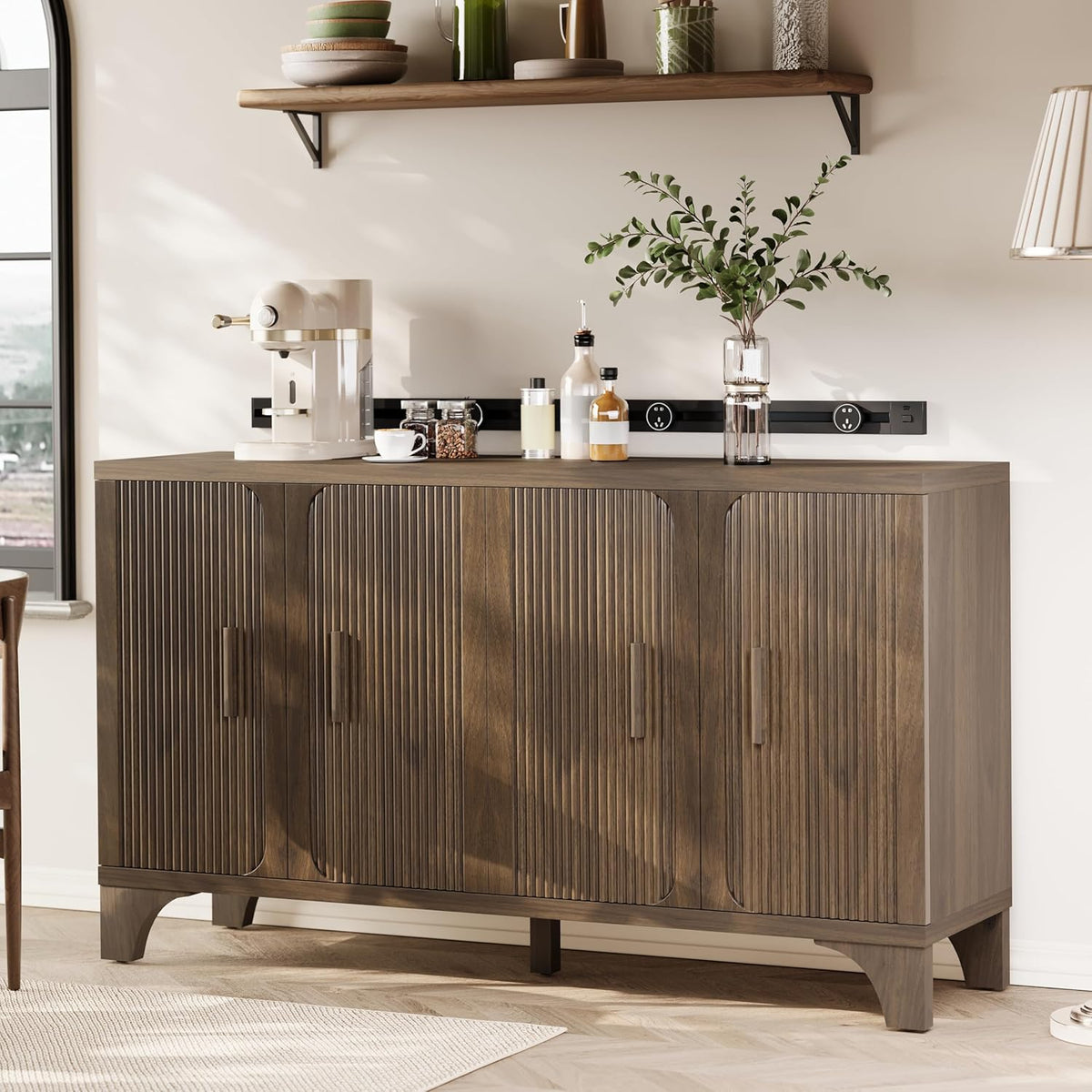 Mid Century Modern Fluted Buffet Cabinet with Storage, Accent Sideboard and Credenza Storage Cabinet with Doors, Wood Coffee Bar Console for Kitchen, Living Room (Dark Brown, 55" 4-Door)