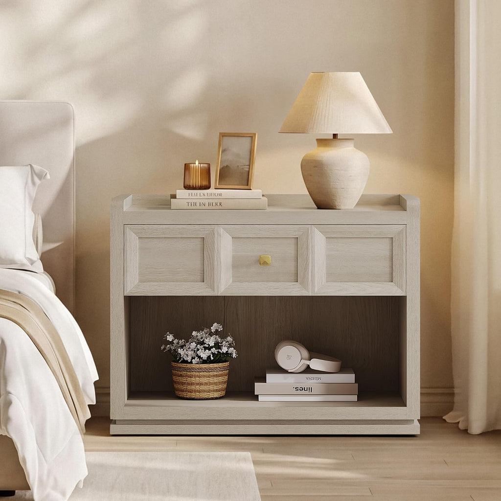 SICOTAS 31" Wide Nightstands Set of 2, Large Night Stands with Drawer | Oversized King Size Nightstand Bedside Table for Bedroom, Farmhouse End Side Table Set of 2 with Round Corners,Grey White Oak