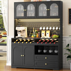 71'' Tall Kitchen Pantry Storage Cabinet, Modern Kitchen Hutches Storage Cabinet with Countertop, LED Black Pantry Cabinet with Wine & Glass Rack, 47'' Extra Wide Pantries with DIY Pegboard & Drawers