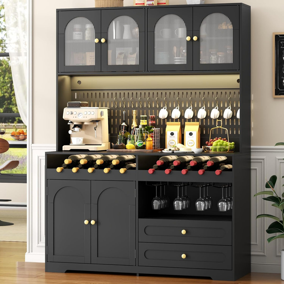 71'' Tall Kitchen Pantry Storage Cabinet, Modern Kitchen Hutches Storage Cabinet with Countertop, LED Black Pantry Cabinet with Wine & Glass Rack, 47'' Extra Wide Pantries with DIY Pegboard & Drawers
