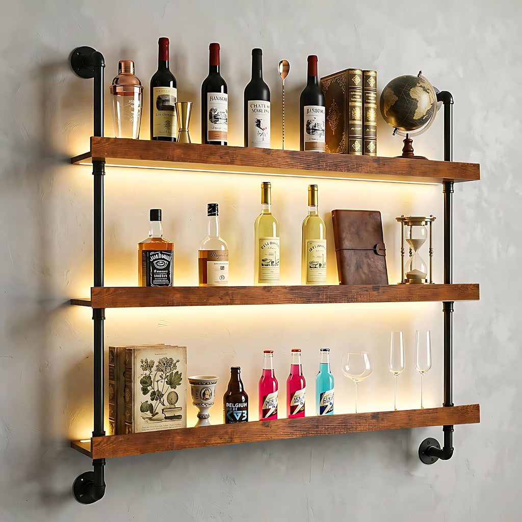 39.4" Metal Wine Rack Wall Mounted with LED Strips and Glass Holder | 3-Tier Industrial Metal Bar Shelf Wall Mounted Wine Rack for Kitchen, Bar, Dining Room (Black, 100cm/39.4in)
