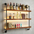 39.4" Metal Wine Rack Wall Mounted with LED Strips and Glass Holder | 3-Tier Industrial Metal Bar Shelf Wall Mounted Wine Rack for Kitchen, Bar, Dining Room (Black, 100cm/39.4in)