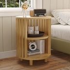 Round End Table, Wood Side Tables, Mid Century Modern Nightstand with 2 Tier Storage, Small Circle Bedside Table for Small Spaces, Living Room, Curved Profile Design, 19.7" Tall, Oak (1-Pack)