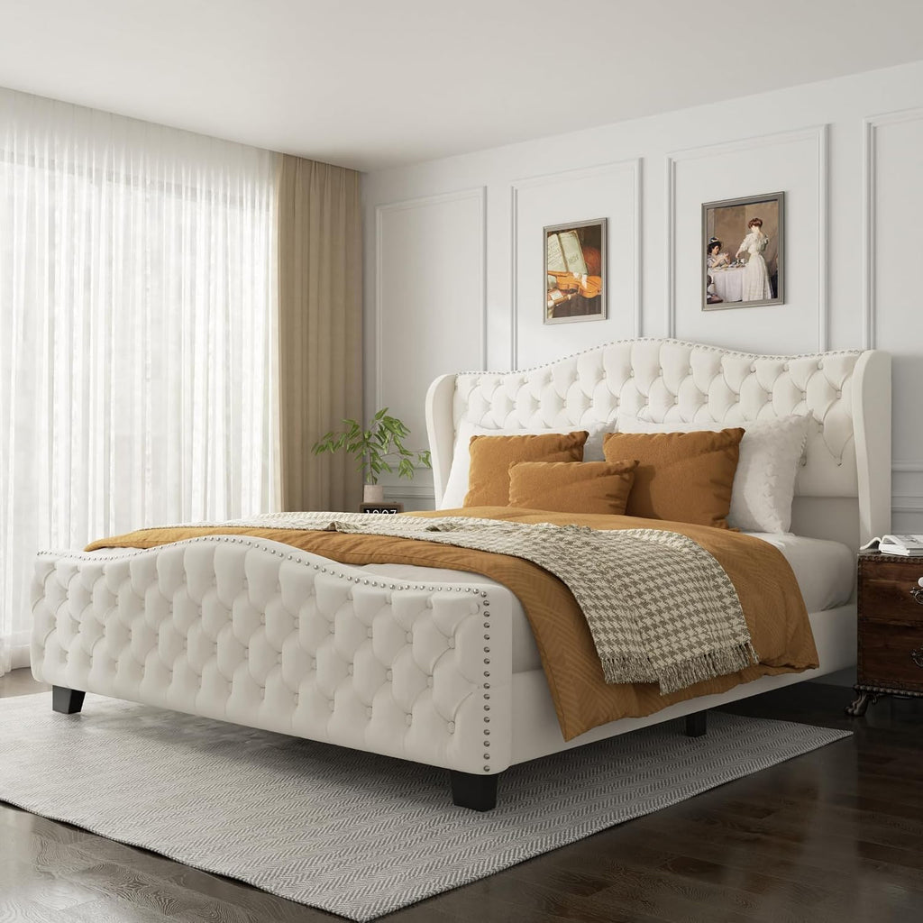 King Size Bed Frame with Tall 51.2" Wingback Headboard, Luxury Platform Bed with Velvet Upholstered Footboard, Deep Button Tufted, Nailhead Trim, No Box Spring Needed, Easy Assembly, Cream
