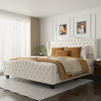King Size Bed Frame with Tall 51.2" Wingback Headboard, Luxury Platform Bed with Velvet Upholstered Footboard, Deep Button Tufted, Nailhead Trim, No Box Spring Needed, Easy Assembly, Cream