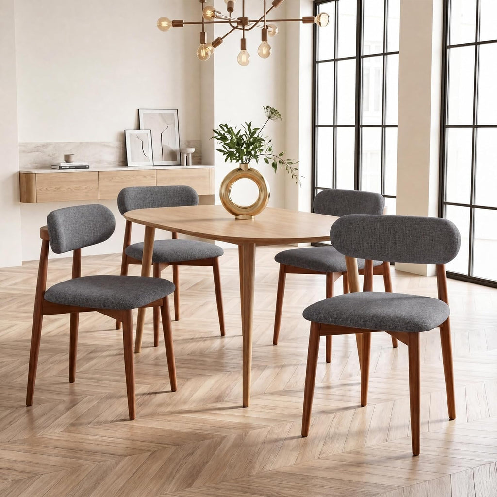 Solid Wood Dining Chairs Set of 4, Mid‑Century Modern Square Seat Cushion Chairs with Extra‑Thick 1.6" Legs and Curved Back, Heavy‑Duty Kitchen & Dining Room Chairs, Dark Grey
