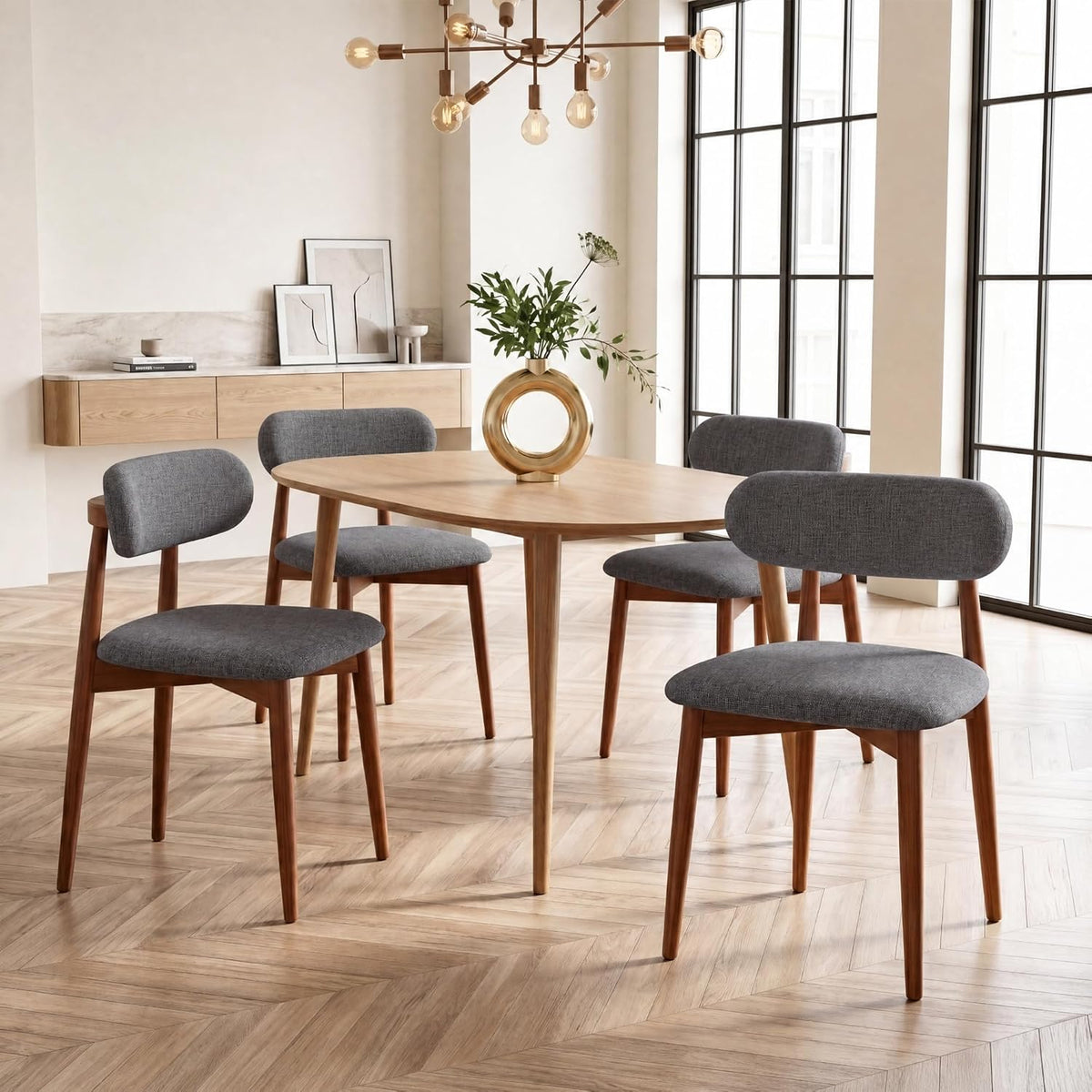 Solid Wood Dining Chairs Set of 4, Mid‑Century Modern Square Seat Cushion Chairs with Extra‑Thick 1.6" Legs and Curved Back, Heavy‑Duty Kitchen & Dining Room Chairs, Dark Grey