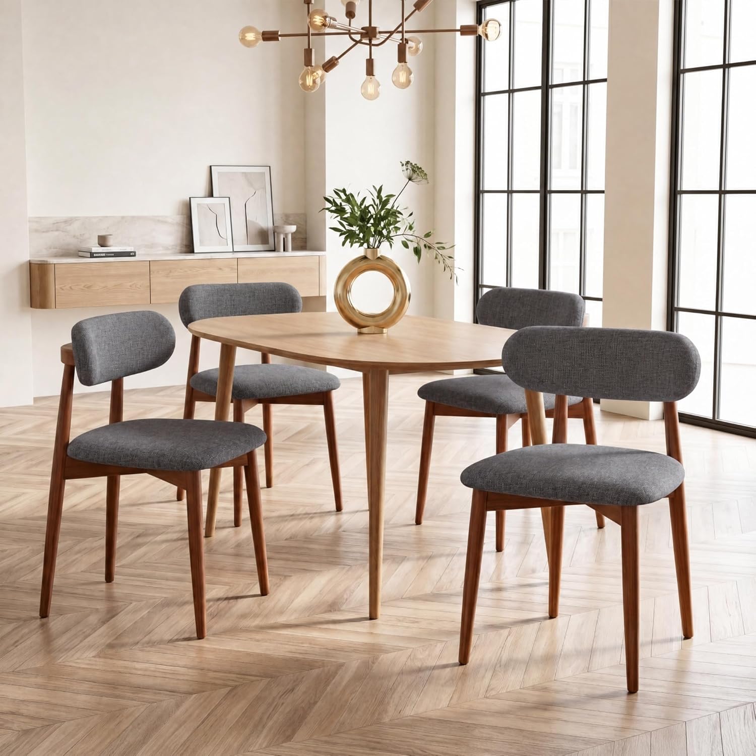 Solid Wood Dining Chairs Set of 2, Mid‑Century Modern Square Seat Cushion Chairs with Extra‑Thick 1.6" Legs and Curved Back, Heavy‑Duty Kitchen & Dining Room Chairs, Dark Grey