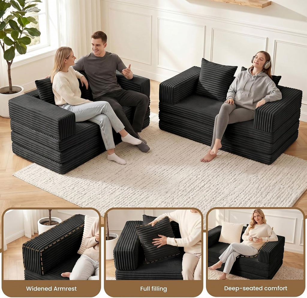 Loveseat Sofa Bed,Small Couch Bed Futon Sleeper Sofa,Convertible Pull Out Couch with Removable Armrests Backrest,Corduroy Folding Floor Couch for Living Room,Small Space,Black