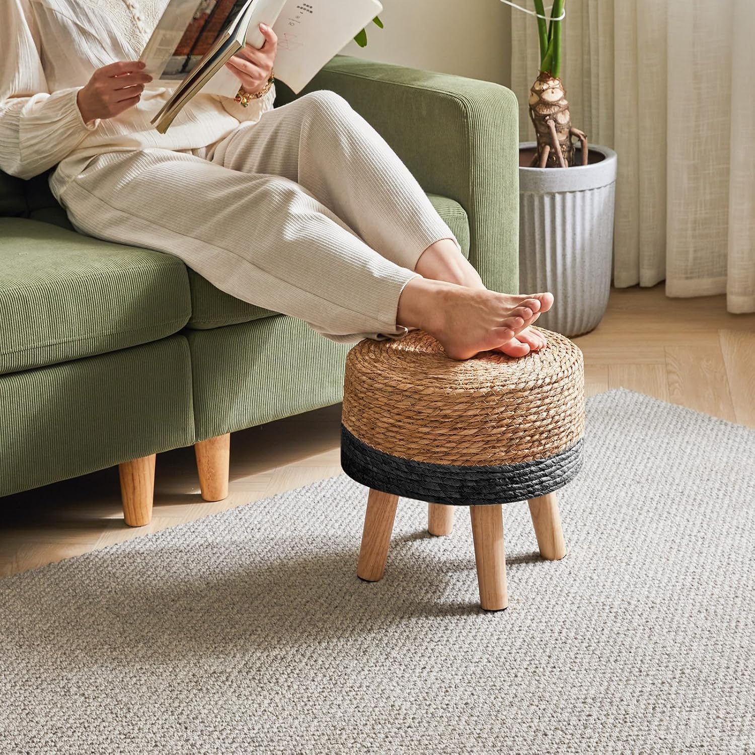 YMYNY Foot Stool, 12.6" Small Ottoman, Natural+Black,HBD027B | Natural Seagrass Hand Weave, Round Footrest, Non-Skid Wood Legs, Boho Style,for Living Room, Bedroom, Entryway