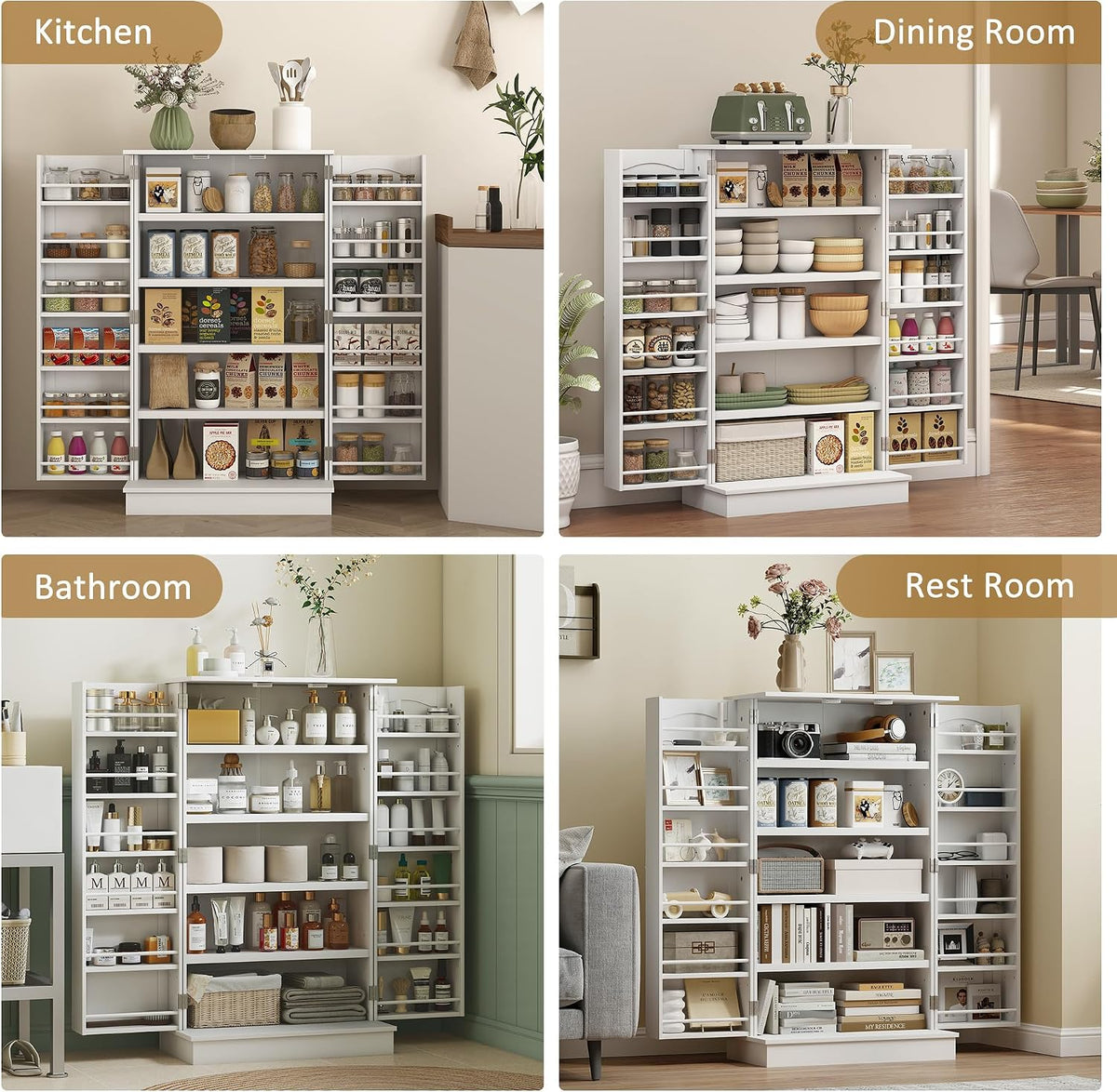 HOMCOM 41" Kitchen Pantry Storage Cabinet, Freestanding Kitchen Cabinet with 12 Door Shelves, Double Doors, 5-Tier Shelving and Adjustable Shelves, White