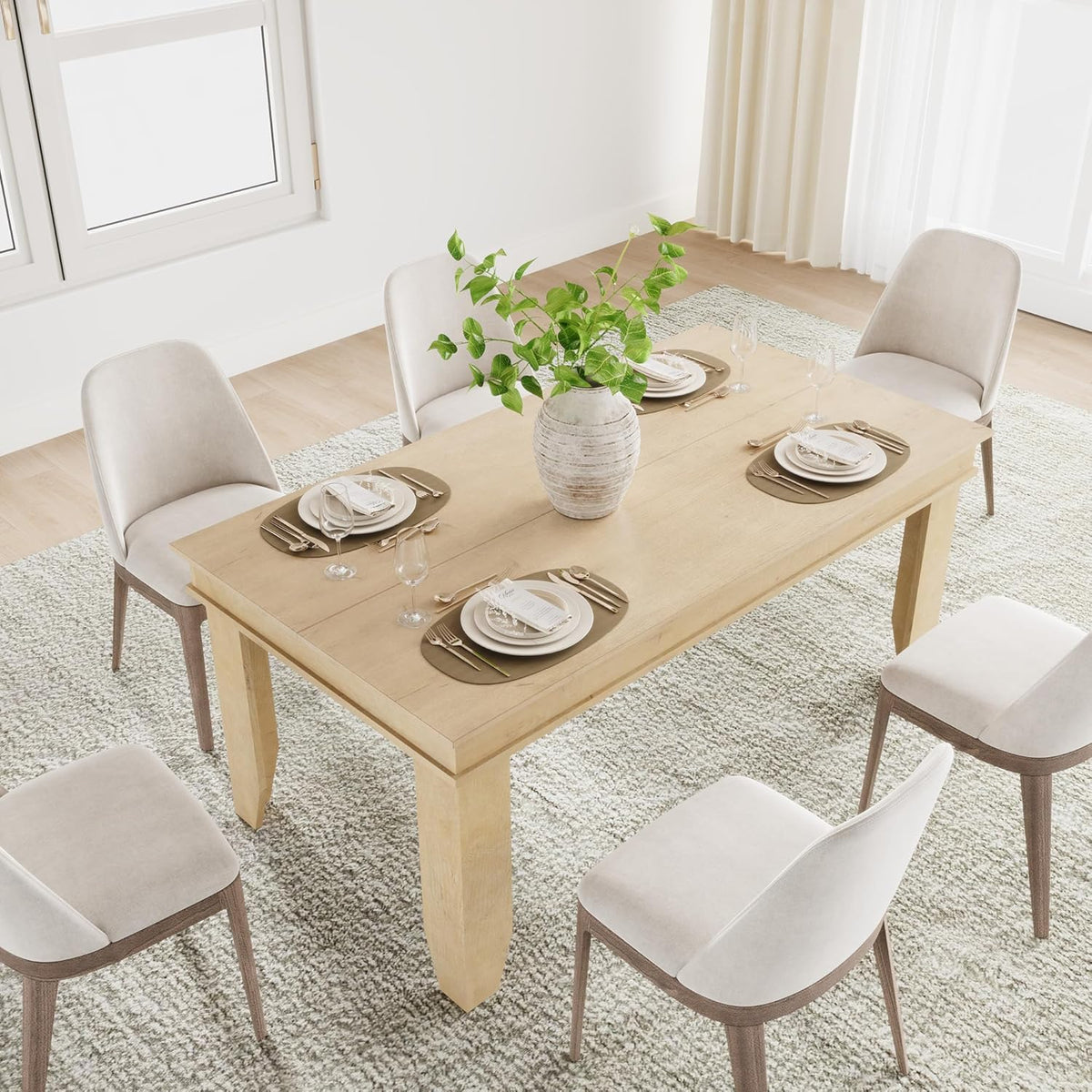 GarveeHome Farmhouse Dining Table for 4-6 People, 63 in Long Kitchen Tables with Wooden Sturdy Frame, 5 ft Large Rectangular Dinner Table for Dining Room, Kitchen, Natural, 63" Non-extendable