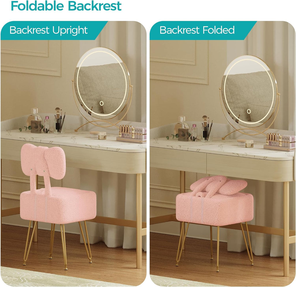 Small Vanity Stool Chair with Storage and Foldable Back, Pink | Soft Storage Ottoman, Footrest Stool, Teddy Fleece Vanity Stool for Makeup, Bedroom, Living Room