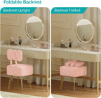 Small Vanity Stool Chair with Storage and Foldable Back, Pink | Soft Storage Ottoman, Footrest Stool, Teddy Fleece Vanity Stool for Makeup, Bedroom, Living Room
