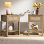 SICOTAS Rattan Nightstand Set of 2 with Storage Shelf, Boho Bedside Tables