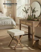 SONGMICS Makeup Stool, Padded Vanity Foot Rest, Solid Wood X Legs | 16.5 x 12.6 x 18.1 Inches, for Bedroom, Closet, Entryway, Summer Sand and Brown, MARY Collection ULSF006LF01