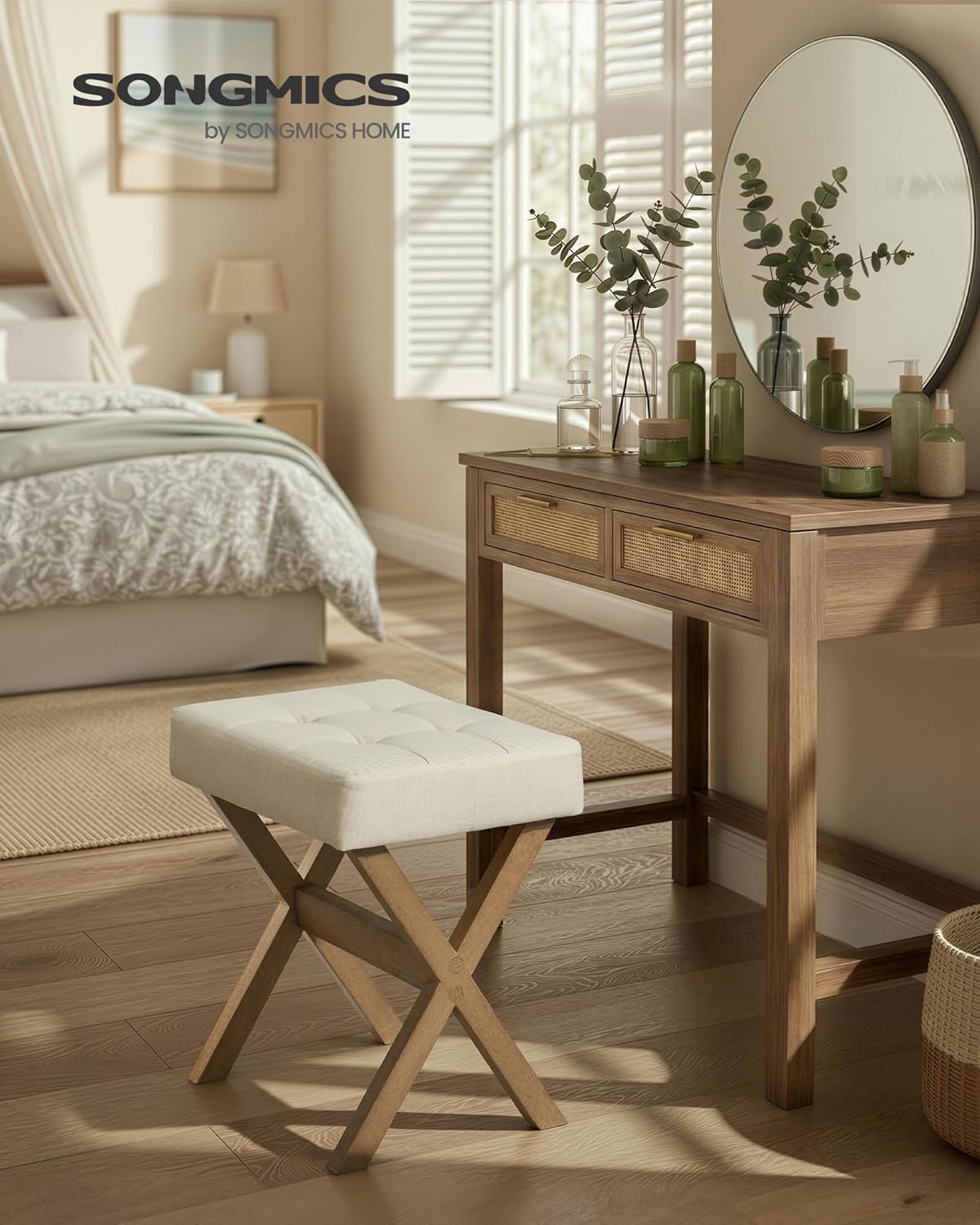 SONGMICS Makeup Stool, Padded Vanity Foot Rest, Solid Wood X Legs | 16.5 x 12.6 x 18.1 Inches, for Bedroom, Closet, Entryway, Summer Sand and Brown, MARY Collection ULSF006LF01